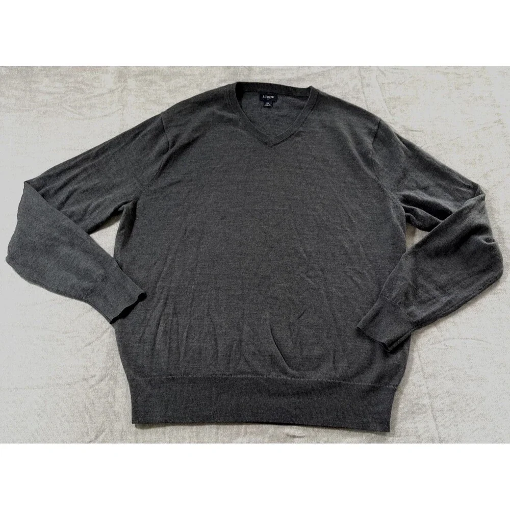 J Crew Merino Wool Blend Sweater Mens XL V-Neck Heather Charcoal Gray Washable